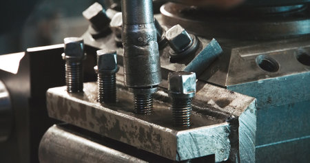 Close-up shot of a heavy industrial worker working on a metalworking process in a factory, performing mechanical tightening of bolts on a machine tool for the steel structure industryの写真素材