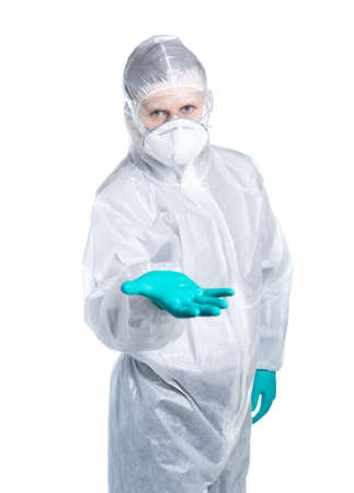 Scientist biochemist shows something virally on a monitor screen. Coronovirus, flu, ebola and other diseases in the midst of an epidemic. Separate on a white background.の写真素材
