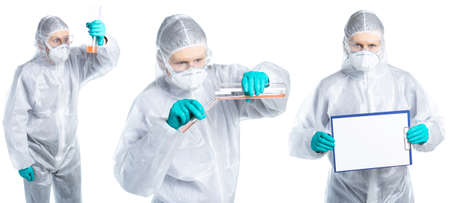 Doctor chemist holding a test tube with blood for the analysis of 2019 n oV. New Chinese coronavirus blood test concept. Isolated on whiteの写真素材