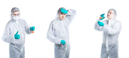 Coronavirus. New 2019 Coronavirus 2019-n oV , Wuhan, China. A person with coronavirus wants to taste the liquid from a test tube. Isolated on white.の写真素材