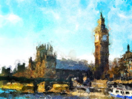 Big Ben in sunny day in London England. Vertical photo, aquarelle
