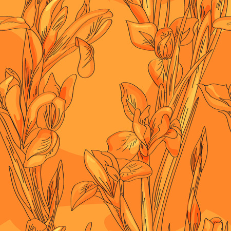 Seamless orange background with irisesのイラスト素材
