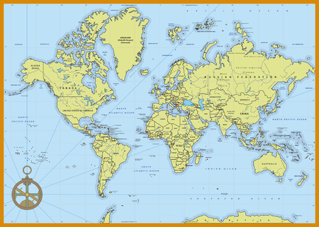 Highly detailed political world map with capitals, rivers,  separated layers. Vector illustration.のイラスト素材