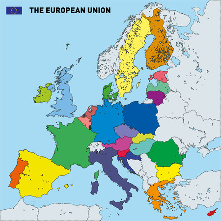 Vector highly detailed political map of The European Union with flags and capitals. All elements are separated in editable layers clearly labeled.のイラスト素材