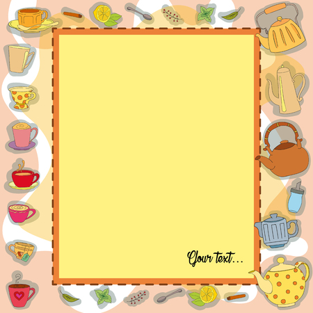 Vector frame Tea Party. Colorful background with sweets. Perfect for printing on fabric or paper.のイラスト素材
