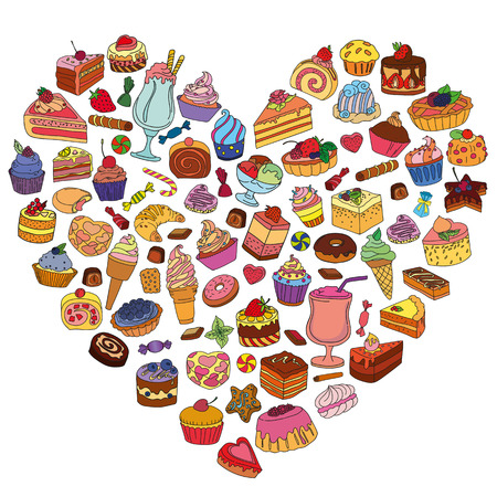 Vector set of different sweets in the shape of heart. Background with sweets. Sweets icon. Sweets logo.のイラスト素材