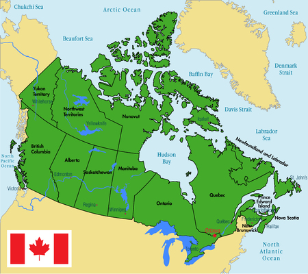 Vector highly detailed political map of Canada with regions and their capitals. All elements are separated in editable layers clearly labeled. EPS 10のイラスト素材
