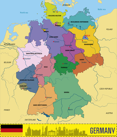 Political vector map of Germany with regions and their capitals including all layers detachable and labeled.のイラスト素材