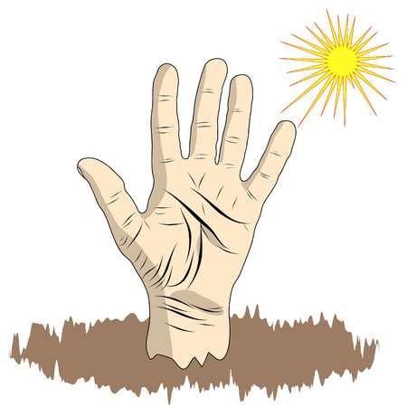 A man's hand is an open palm in a cartoon style, a hand sign for a poster, a greeting symbol. Vector illustration.のイラスト素材