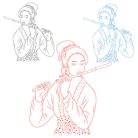 Girl with flute of japan, silhouette on white background.vectorのイラスト素材