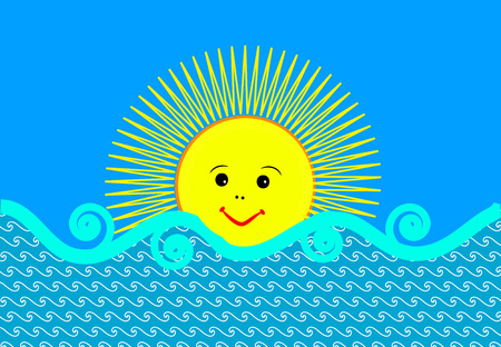 Sunny sunrise at the seaside cheerful cartoon.Vectorのイラスト素材