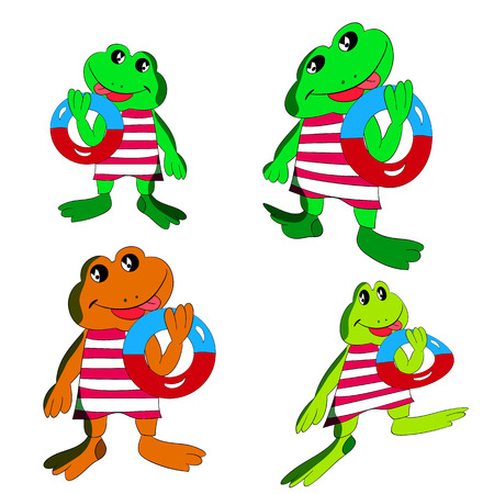 Collection of merry frogs with a bathing circle in the hand, cartoon on a white background.vectorのイラスト素材