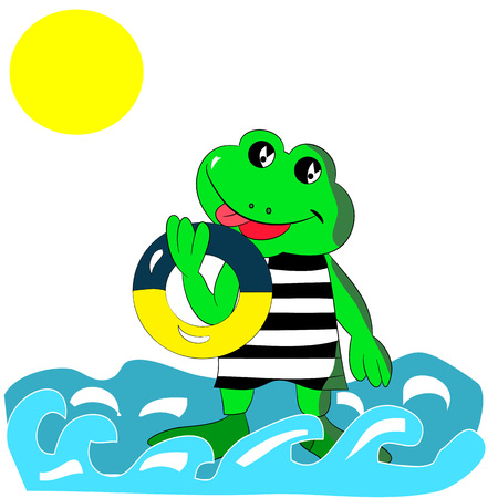 Cheerful green frog with a bathing circle in his hand, on the sea, cartoon on a white background.vectorのイラスト素材