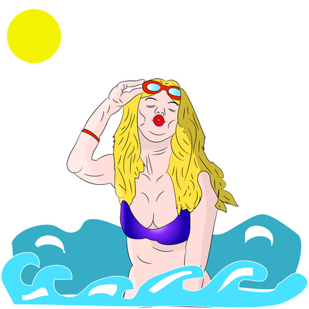 Sexy woman in a blue bathing suit on the sea, on a white background.vectorのイラスト素材