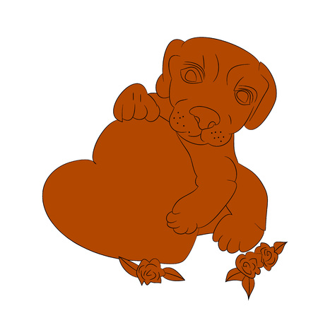 Silhouette of a brown dog in the hands holds the heart, I love you, a cartoon on a white background. vector illustration.のイラスト素材