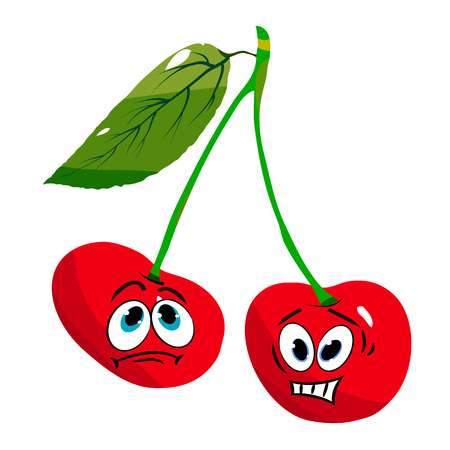 Two evil cherries on a branch, cartoon caricature on a white background.のイラスト素材