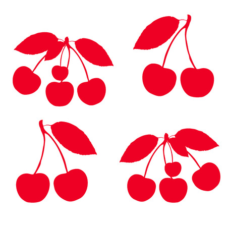 Collection of red cherries on twigs, silhouette on white background.のイラスト素材