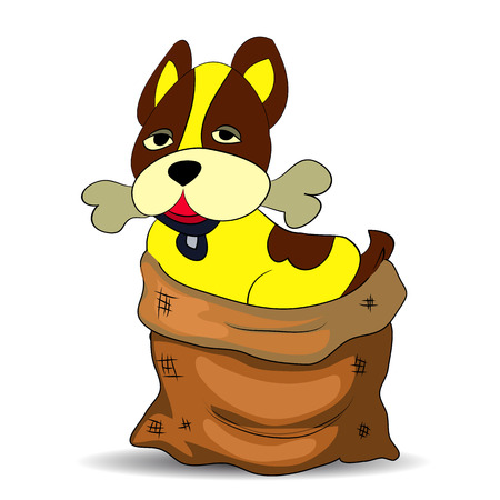 Symbol of the new year 2018, yellow Dog holding a bone in his teeth and sitting in a gift bag, cartoon on a white background.Vectorのイラスト素材