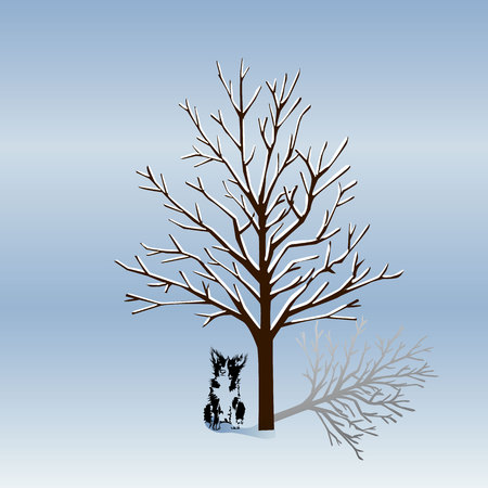 Silhouette of a tree without leaves in winter, and a dog silhouette in winter at night.The cartoon on a white background.Vectorのイラスト素材
