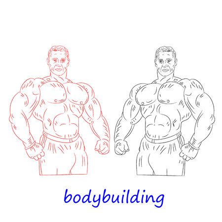 Male bodybuilder drawing in pencil, silhouette on white background.のイラスト素材