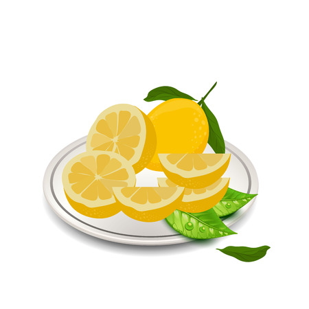 Juicy lemons slices on a plate isolated on a white background.のイラスト素材
