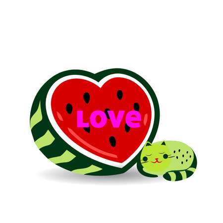 Watermelon in heart shape and sleeping cat on white background.のイラスト素材