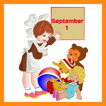 Illustration (September 1st) in frame, girl schoolgirl first class, cartoon on white background.vectorのイラスト素材