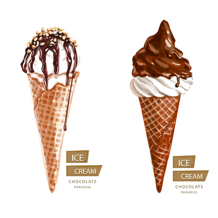 Two chocolate waffle ice cream, cartoon on a white background.のイラスト素材