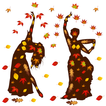 Autumn illustration of oriental dance, two girls silhouette in leaves, on white background.vectorのイラスト素材