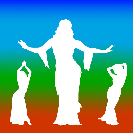Silhouette of three dancing women, on a colored background.Vector.のイラスト素材