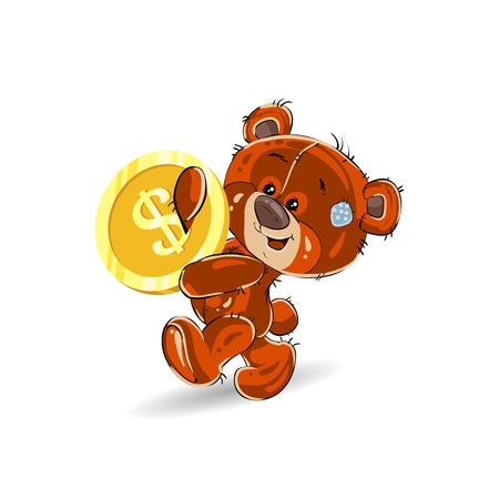 Cheerful teddy bear, in hands carries a gold dollar, a cartoon on a white background.vectorのイラスト素材