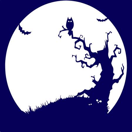 Holiday Halloween, night a terrible tree and an owl, blue silhouette.Vectorのイラスト素材