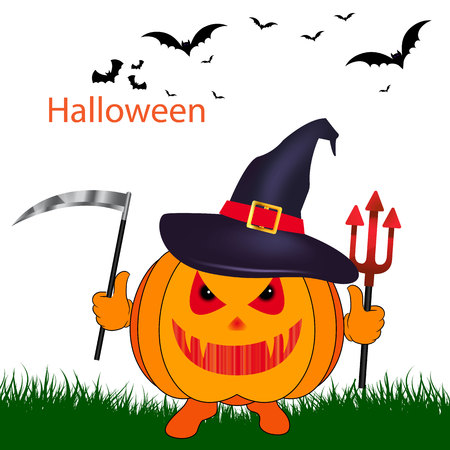 Holiday Halloween, pumpkin with a scythe in a hat, on a white background.vectorのイラスト素材