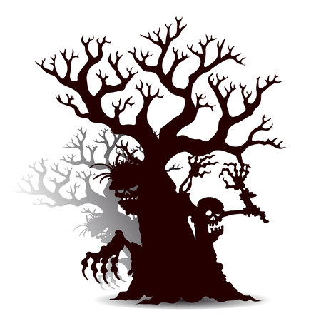 Halloween, Brown Silhouette, scary-zombie tree without leaves, on white background, vectorのイラスト素材