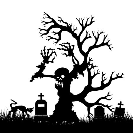 Halloween, Silhouette scary-zombie tree without leaves in cemetery, on white background, vectorのイラスト素材