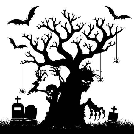 Halloween, Silhouette of a terrible bare tree without leaves in the cemetery, on white background, vectorのイラスト素材