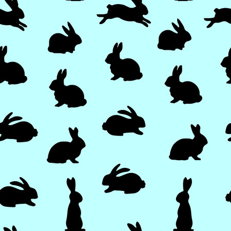 Seamless pattern, black hares silhouette on blue background, vectorのイラスト素材