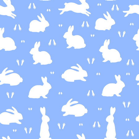 Festive Seamless Pattern, white bunnies silhouette on blue background, vectorのイラスト素材