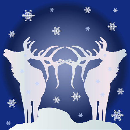 Christmas illustration, two white silhouettes of deer (northern) in snowy weather at night, where snowflakes are spinning, vectorのイラスト素材