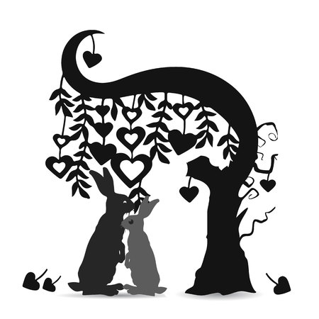 A pair of rabbit silhouettes under a tree of hearts.のイラスト素材