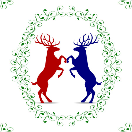 Abstract Silhouette in a patterned frame, reindeer (blue and red) rose on two paws on a white background, vectorのイラスト素材