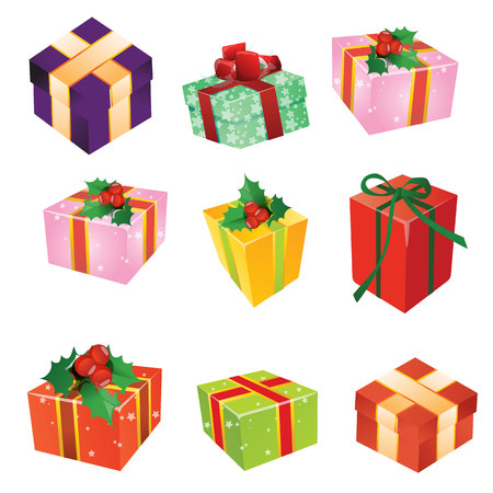 Christmas gifts, colored boxes with ribbons, cartoon on white background, vectorのイラスト素材