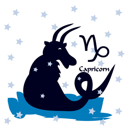 Cartoon silhouette CAPRICORN and asterisks, on white background, vectorのイラスト素材