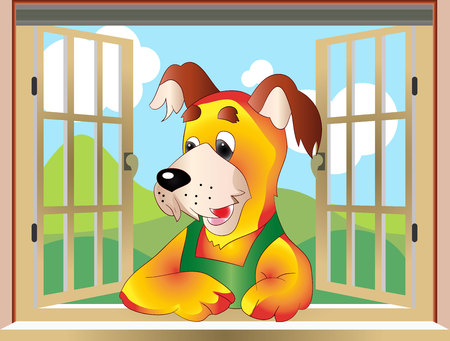 Illustration, in an open window, looking Yellow Dog, cartoon, vectorのイラスト素材