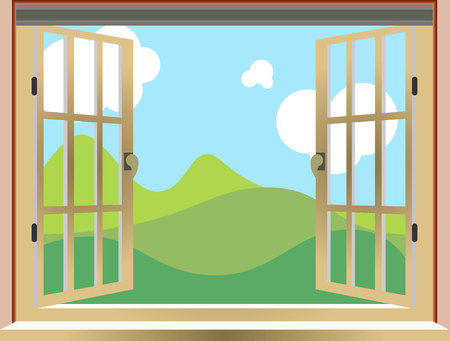 Illustration of an open window, nature view, cartoon, vectorのイラスト素材