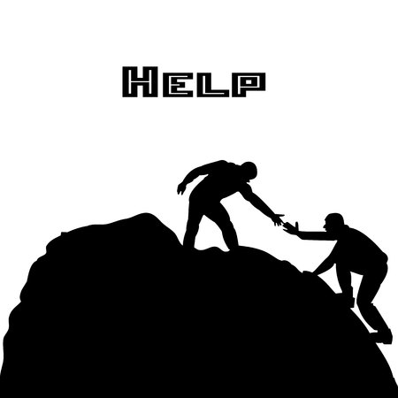 Silhouette of two people metaphor (help, support, friendship), on a mountain, hand in hand, on a white background, vectorのイラスト素材