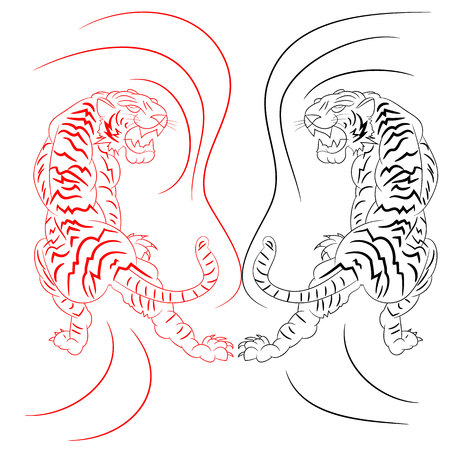 Drawing metaphor, two fighting tigers evil (red and black), cartoon on white background, vectorのイラスト素材