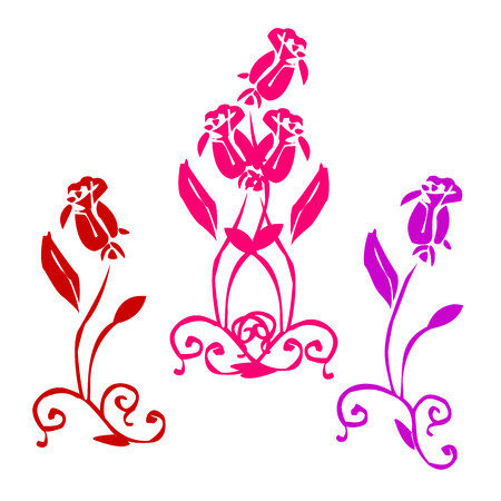 Collection of beautiful rose (red, pink, lilac color), ornament for greeting cards, silhouette on white background, vectorのイラスト素材