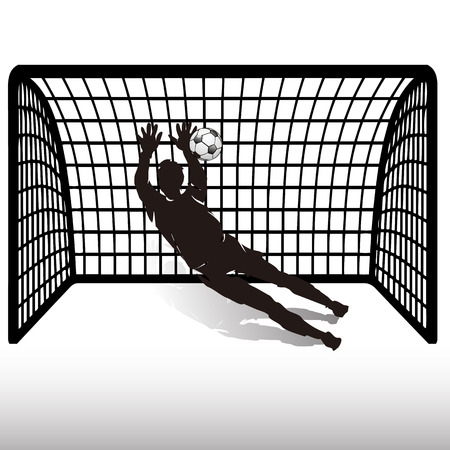 A football goalkeeper at the gate is catching a ball, silhouette-cartoon on a white background, vectorのイラスト素材