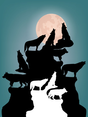 Abstract Night illustration, A herd of wolves howling at the moon, on top of a mountain, silhouette on a blue background, vectorのイラスト素材